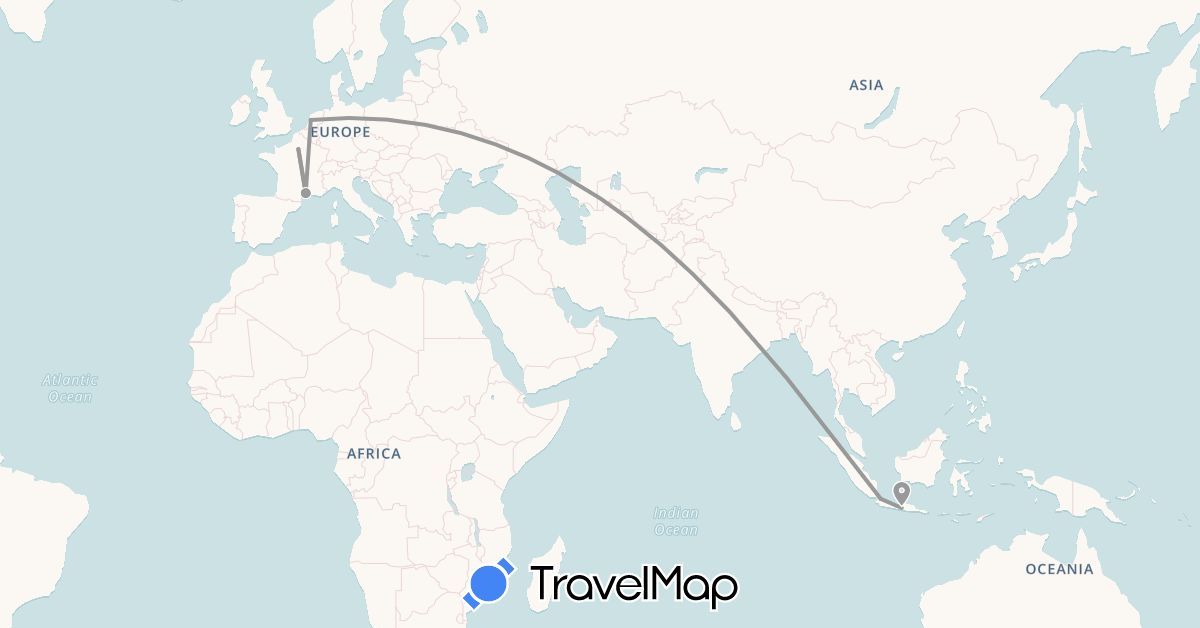 TravelMap itinerary: driving, plane in France, Indonesia, Netherlands (Asia, Europe)